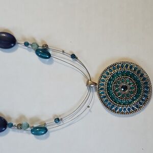 Medallion Pendant Blue Green Bead Wire Necklace